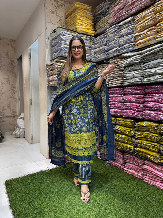 Jaipuri Cotton Pakistani Blue 3pc Set