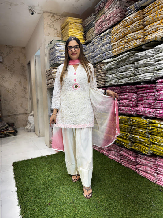 Pure Georgette Pearl White Farsi Salwar 3pc Set