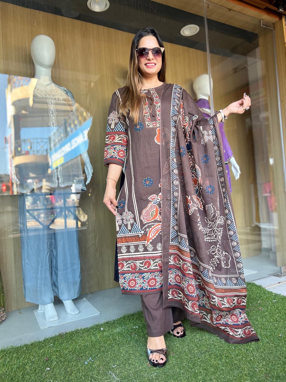 Jaipuri Cotton Brown 3pc Set