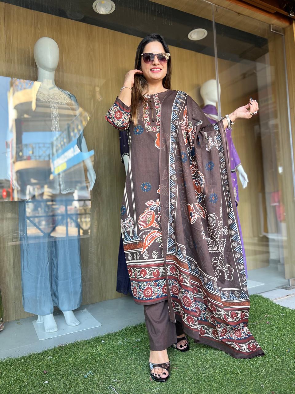 Jaipuri Cotton Brown 3pc Set