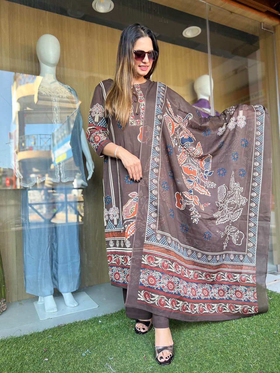 Jaipuri Cotton Brown 3pc Set