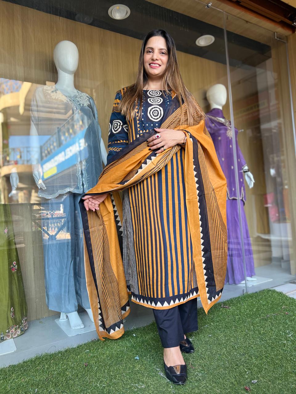 Jaipuri Cotton Golden Yellow 3pc Set