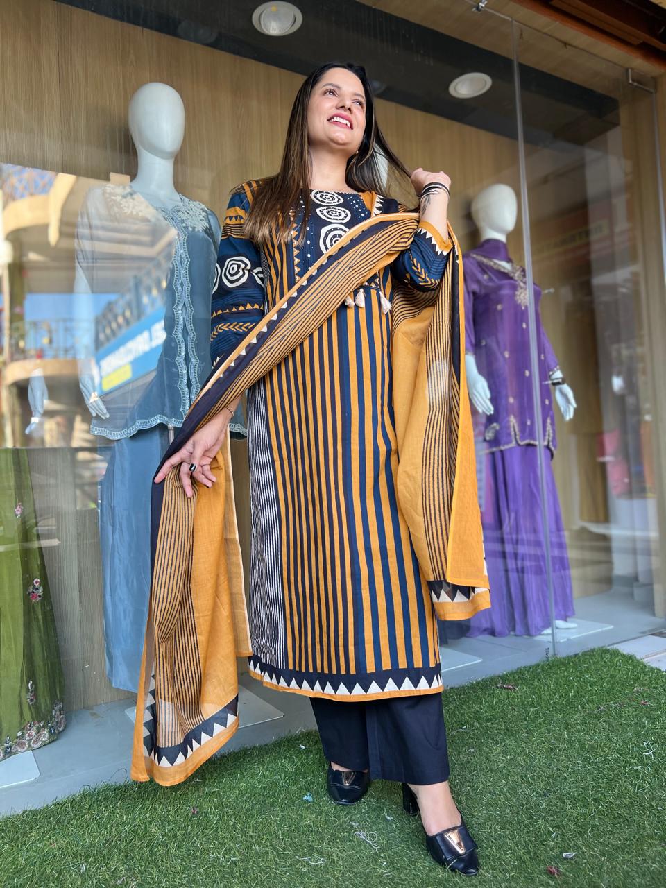 Jaipuri Cotton Golden Yellow 3pc Set