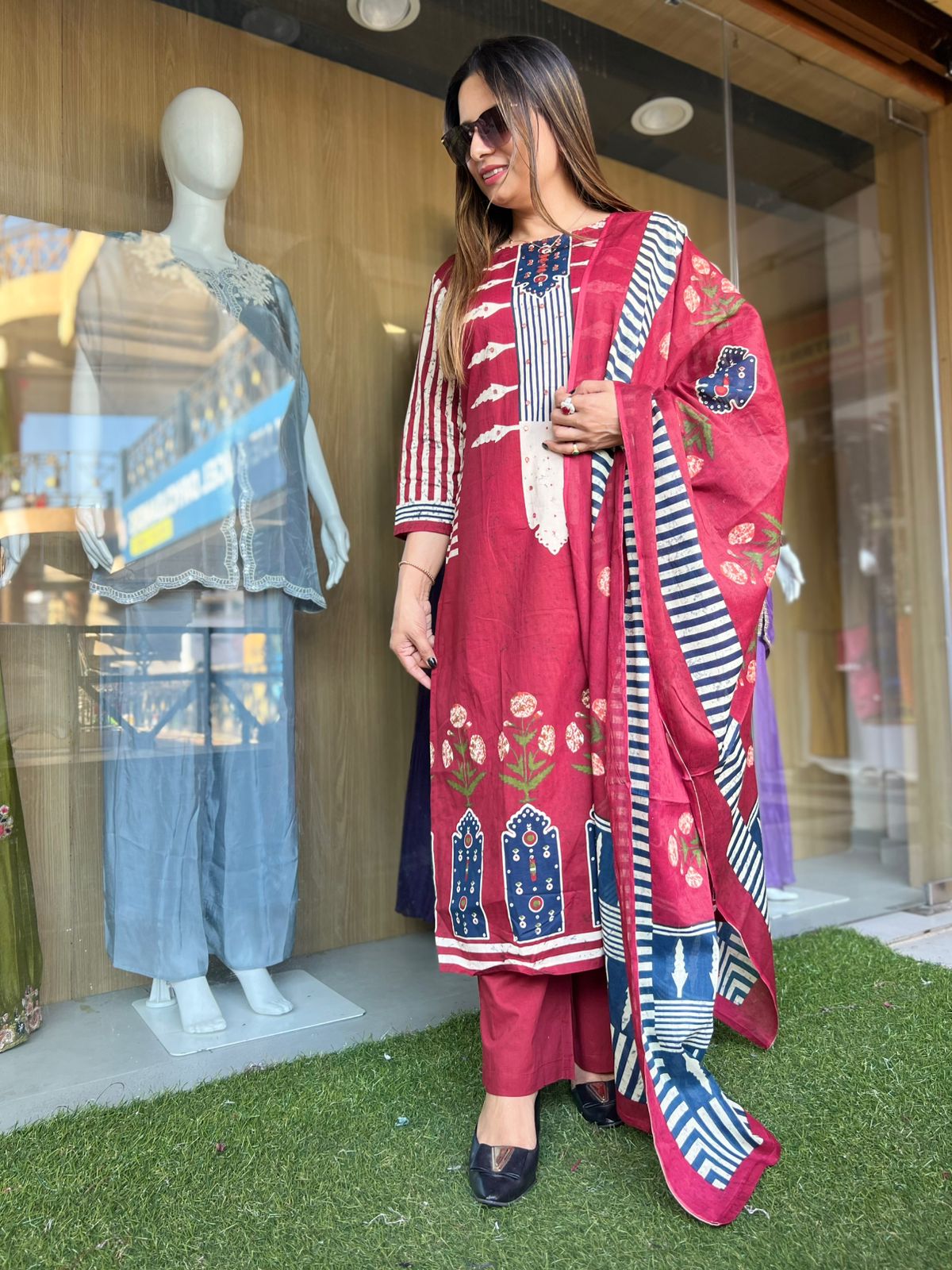 Jaipuri Cotton Maroon 3pc Set