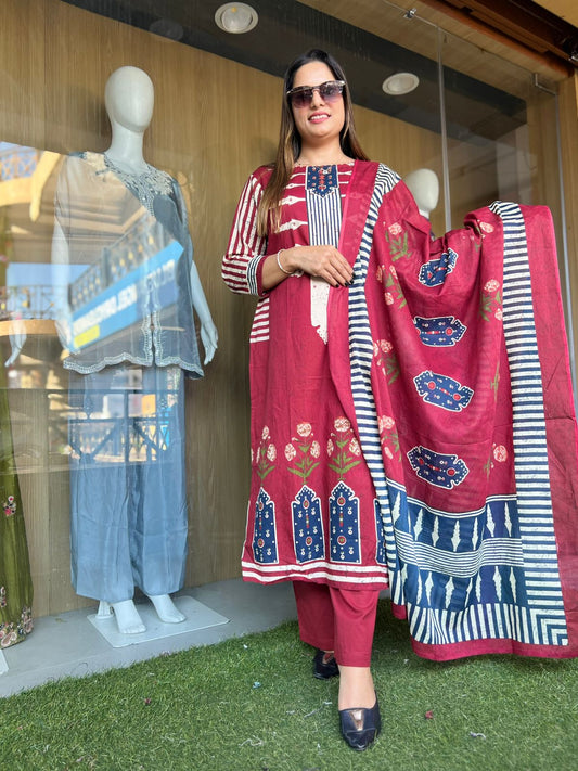 Jaipuri Cotton Maroon 3pc Set