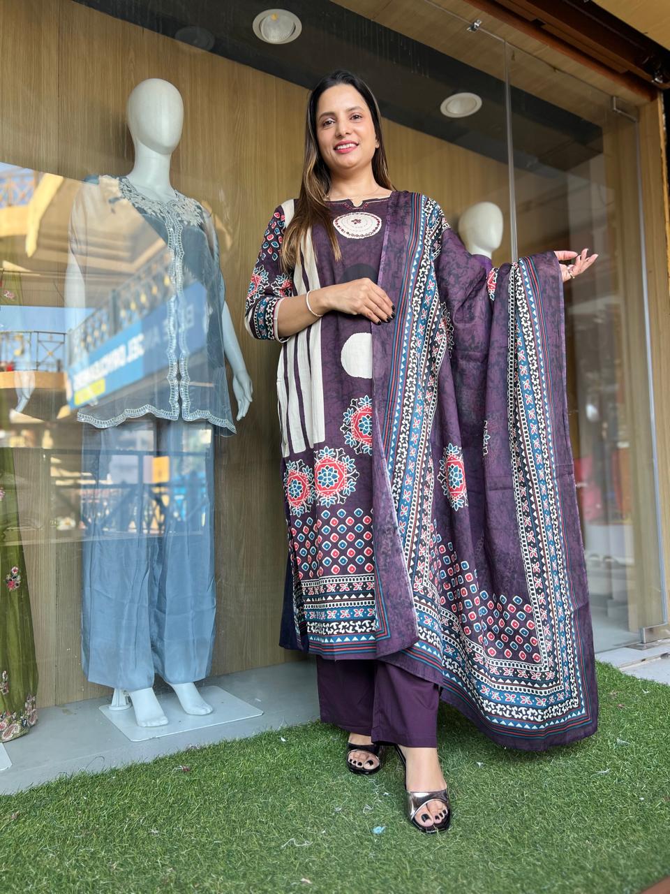 Jaipuri Cotton Purple 3pc Set