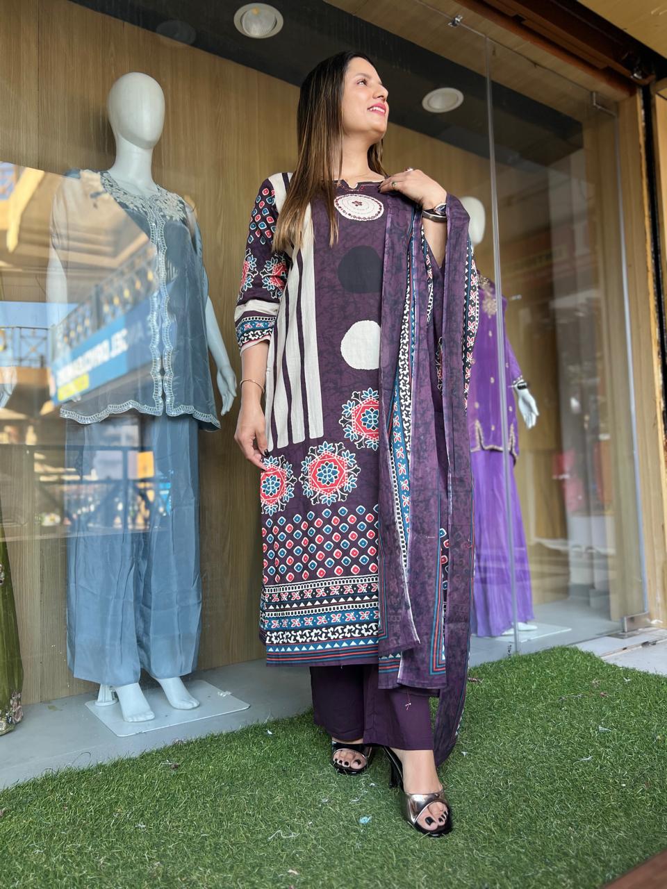 Jaipuri Cotton Purple 3pc Set