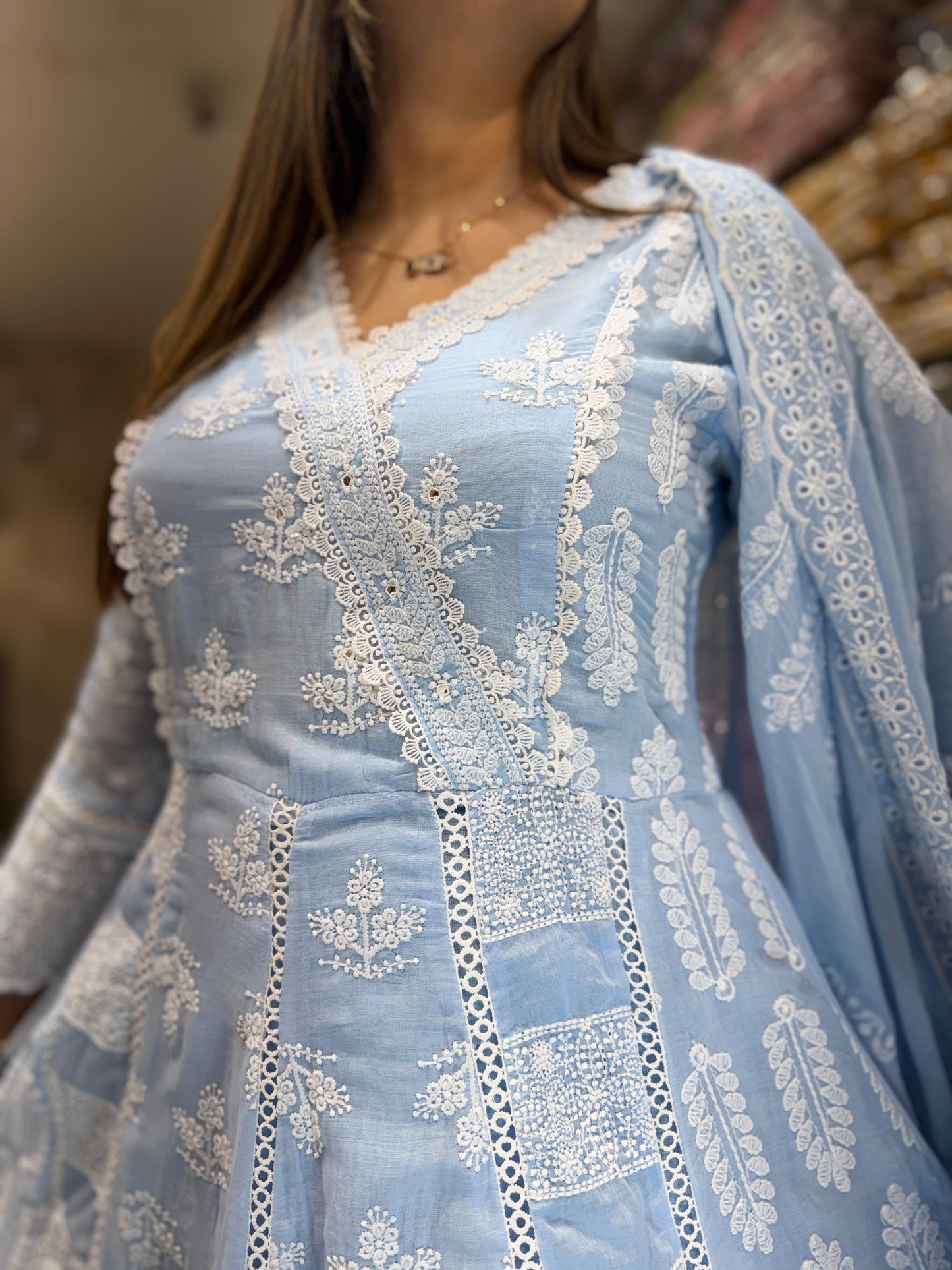 Pure Mull Cotton Blue Anarkali 3pc Set