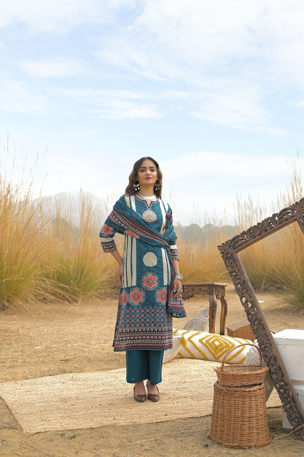 Jaipuri Cotton Teal Blue 3pc Set