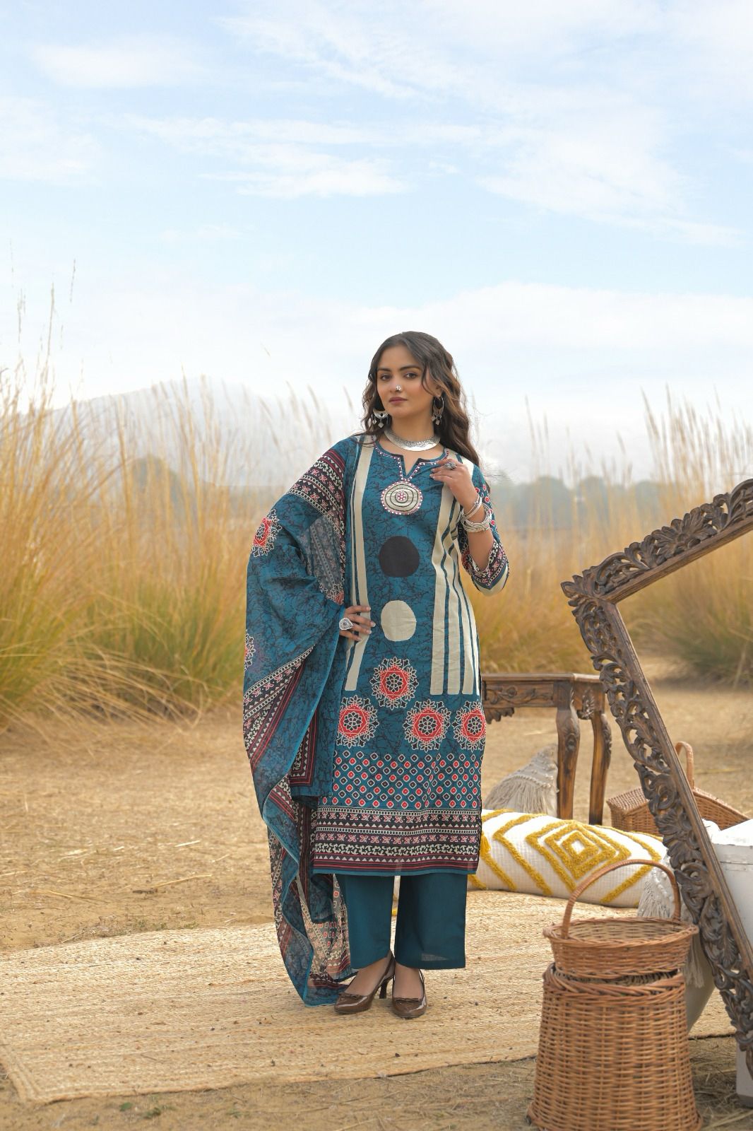 Jaipuri Cotton Teal Blue 3pc Set