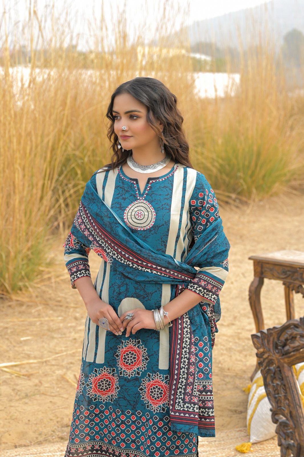 Jaipuri Cotton Teal Blue 3pc Set