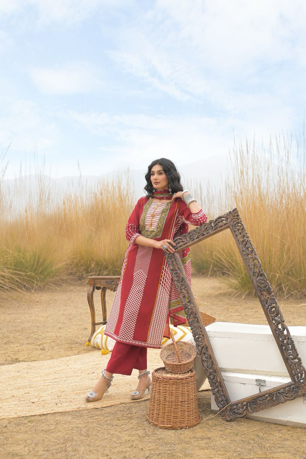 Jaipuri Cotton Maroon 3pc Set