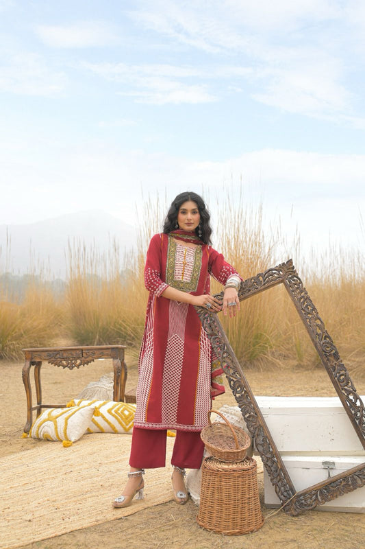 Jaipuri Cotton Maroon 3pc Set