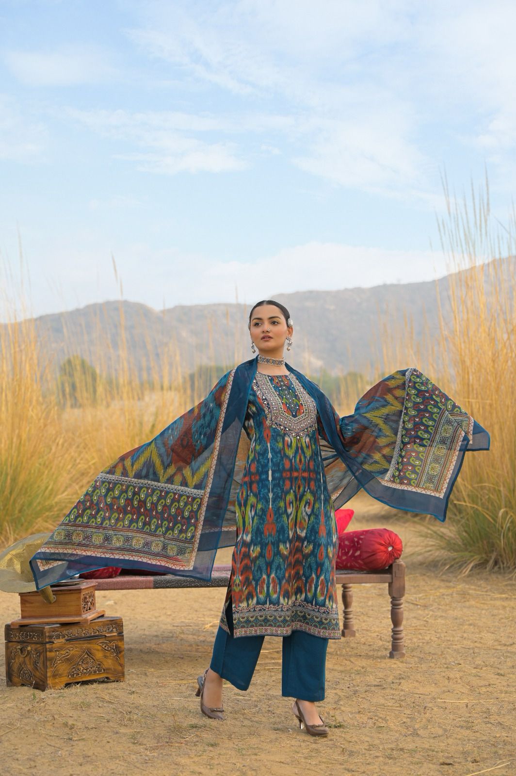 Jaipuri Cotton Teal Blue 3pc Set