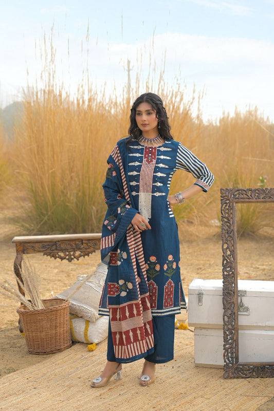 Jaipuri Cotton Blue 3pc Set