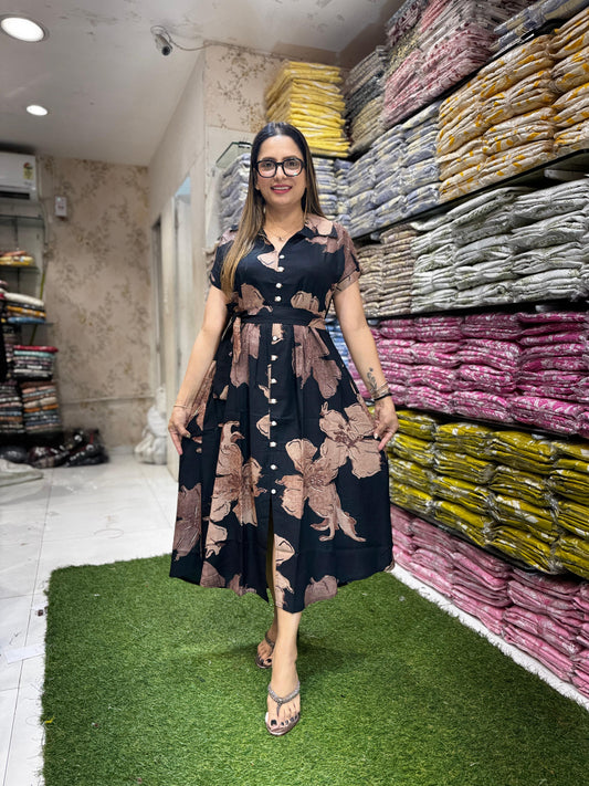 Pure German Rayon Black And Brown Midi