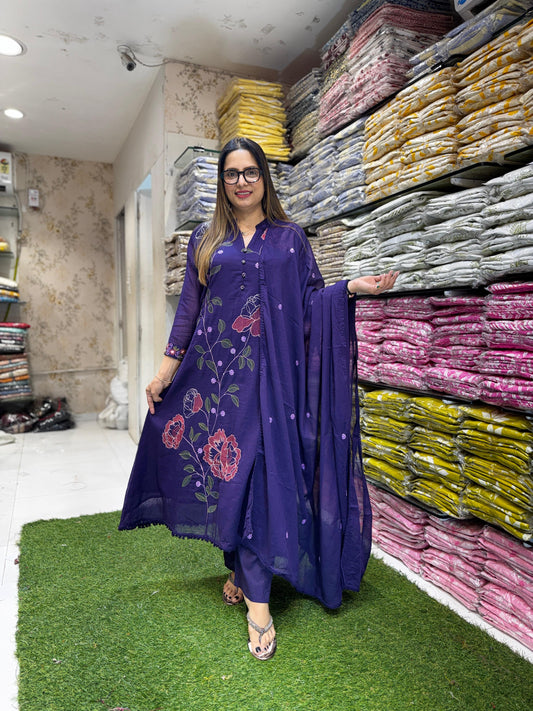Pure Mull Cotton Dark Purple Anarkali 3pc Set