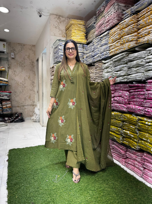 Pure Linen Flex Mahendi Green 3pc Set