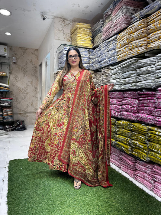 Pure Cotton Maroon Anarkali 3pc Set