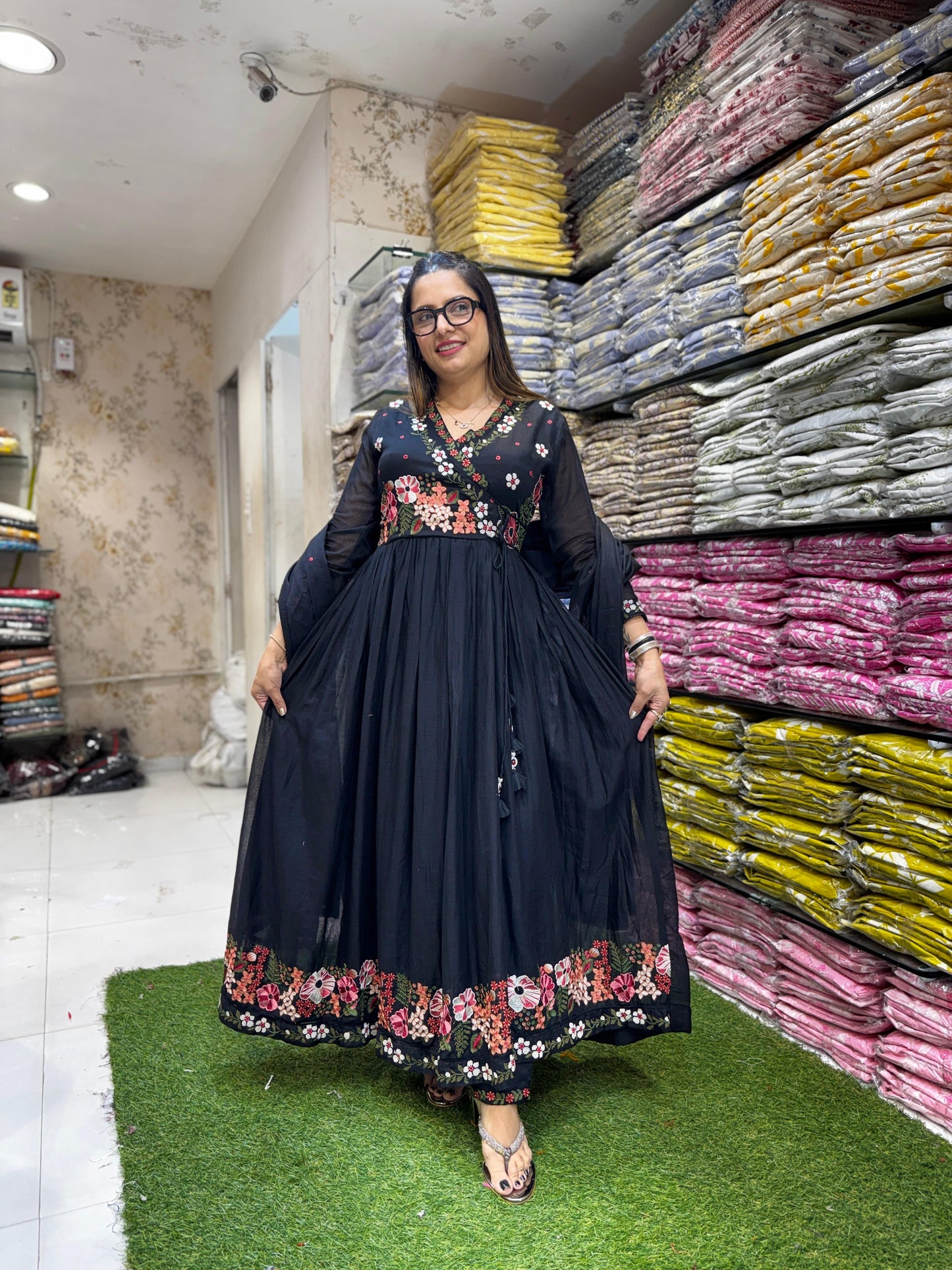 Pure Mull Cotton Black Anarkali 3pc Set
