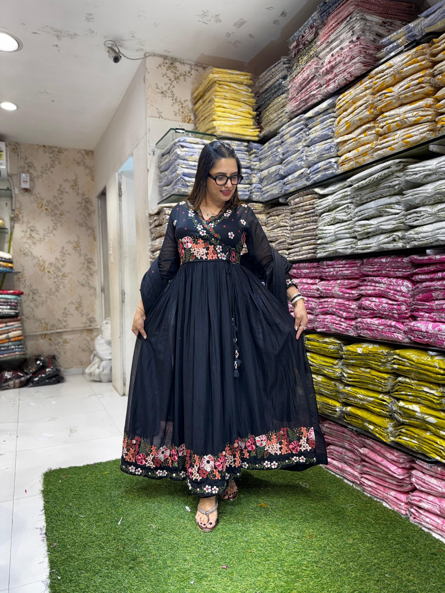 Pure Mull Cotton Black Anarkali 3pc Set