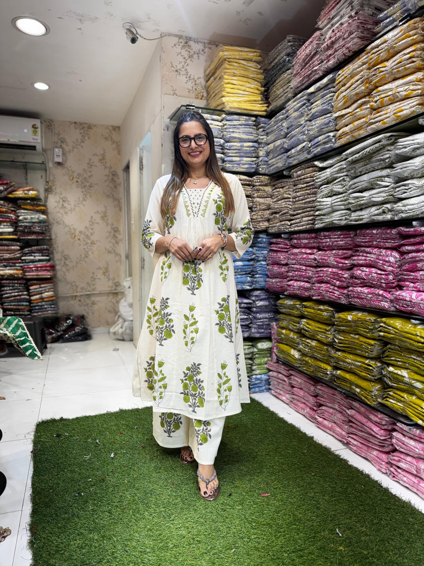 Pure Flex Cotton Off White And Green-Black 3pc Set