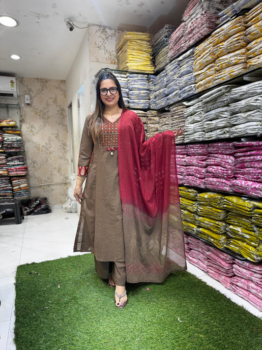 Pure Gujarat LINEN sluv Brown 3 pc suit
