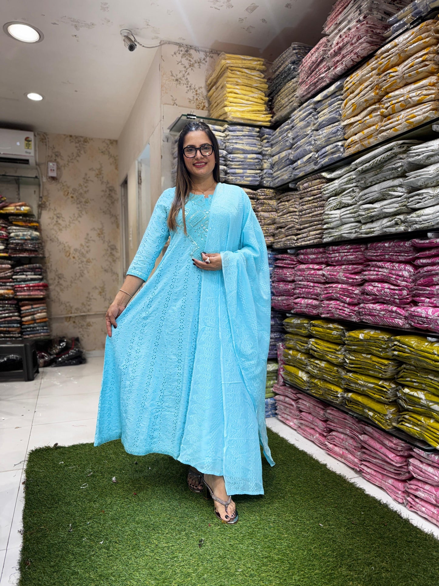 Pure Cotton Anarkali Blue 3pc Set