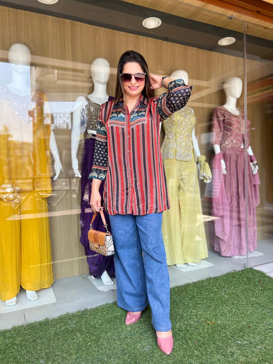 Pure Modal Crep Blue And Red Shirt