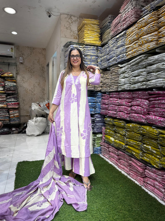 Pure Cotton Off White And Purple 3pc Set