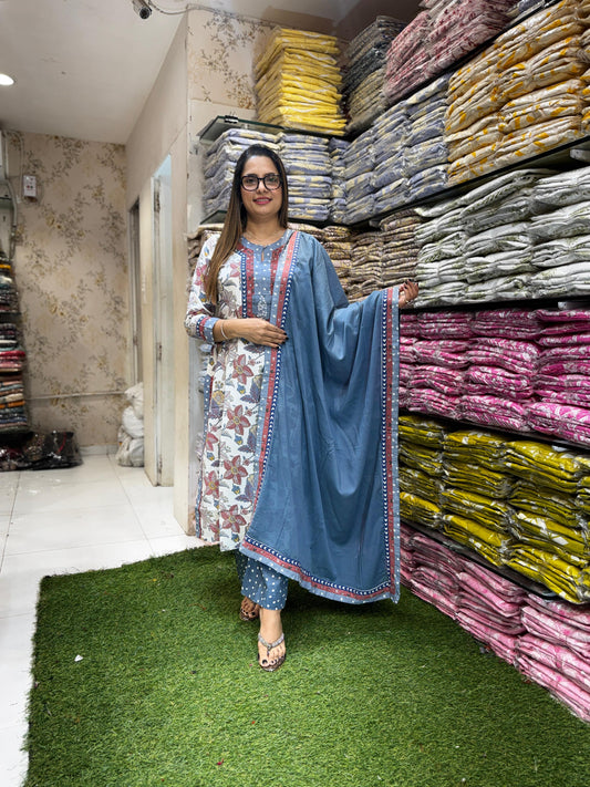 Pure Cotton White And Steel Gray 3pc Set