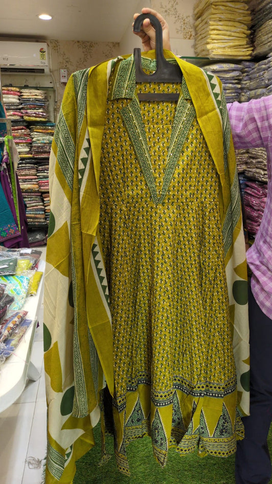 Pure Cotton Yellow Anarkali 3pc Set