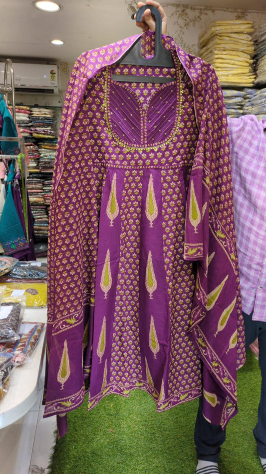 Jaipuri Cotton Purple Anarkali 3pc Set
