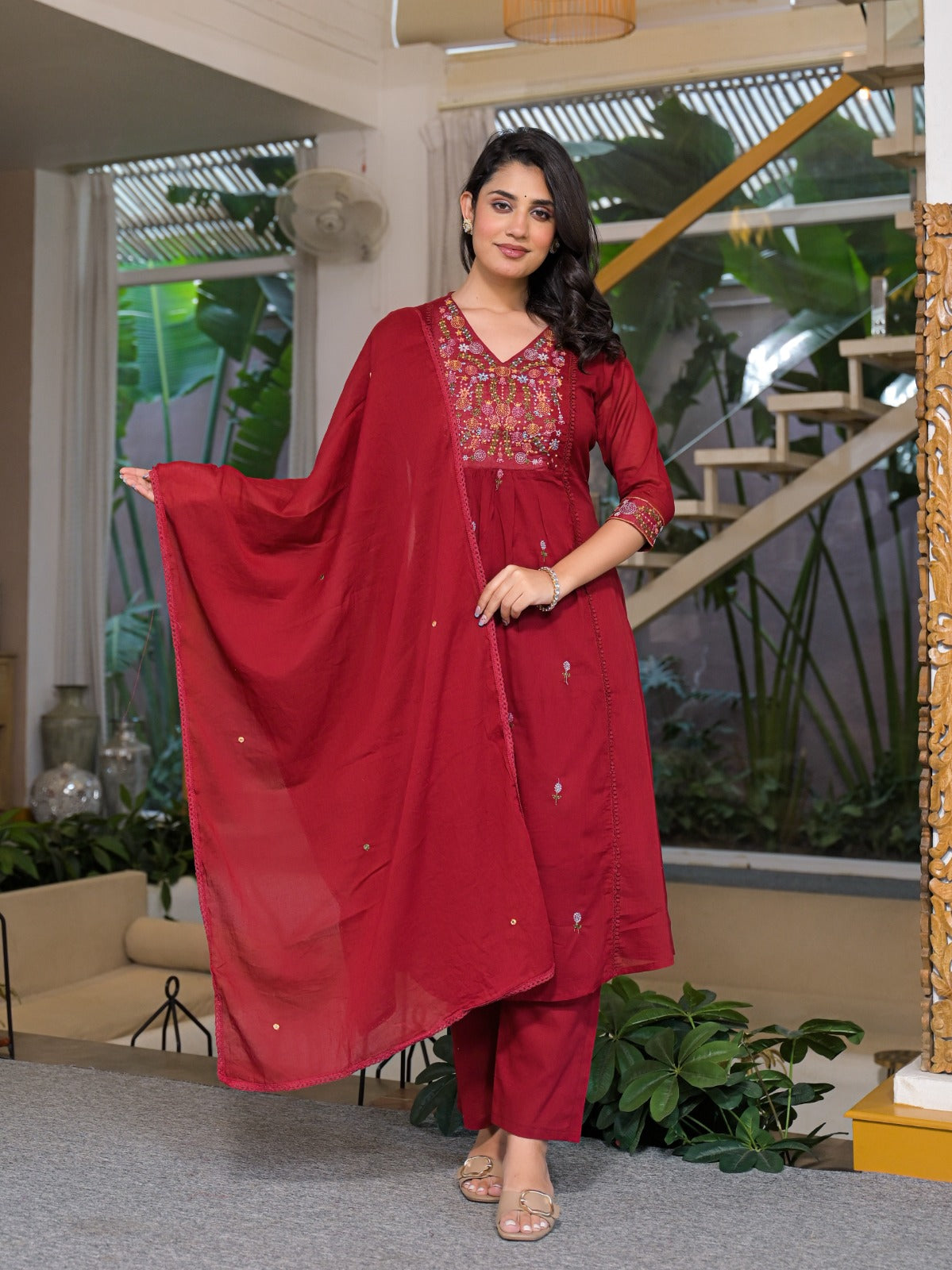 Pure Mull Cotton Maroon Red 3pc Set