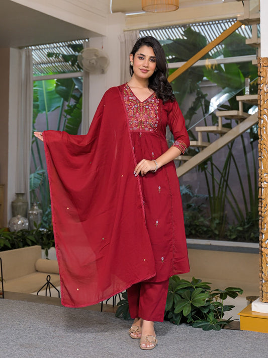 Pure Mull Cotton Maroon Red 3pc Set