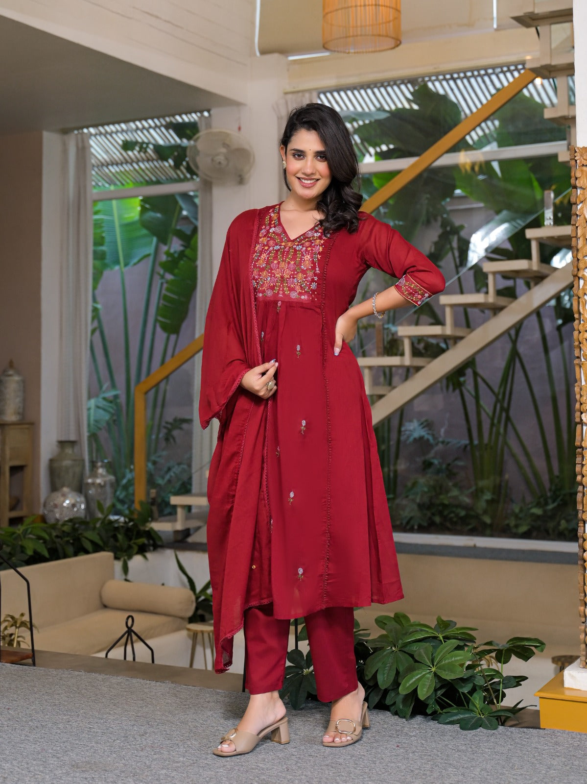 Pure Mull Cotton Maroon Red 3pc Set