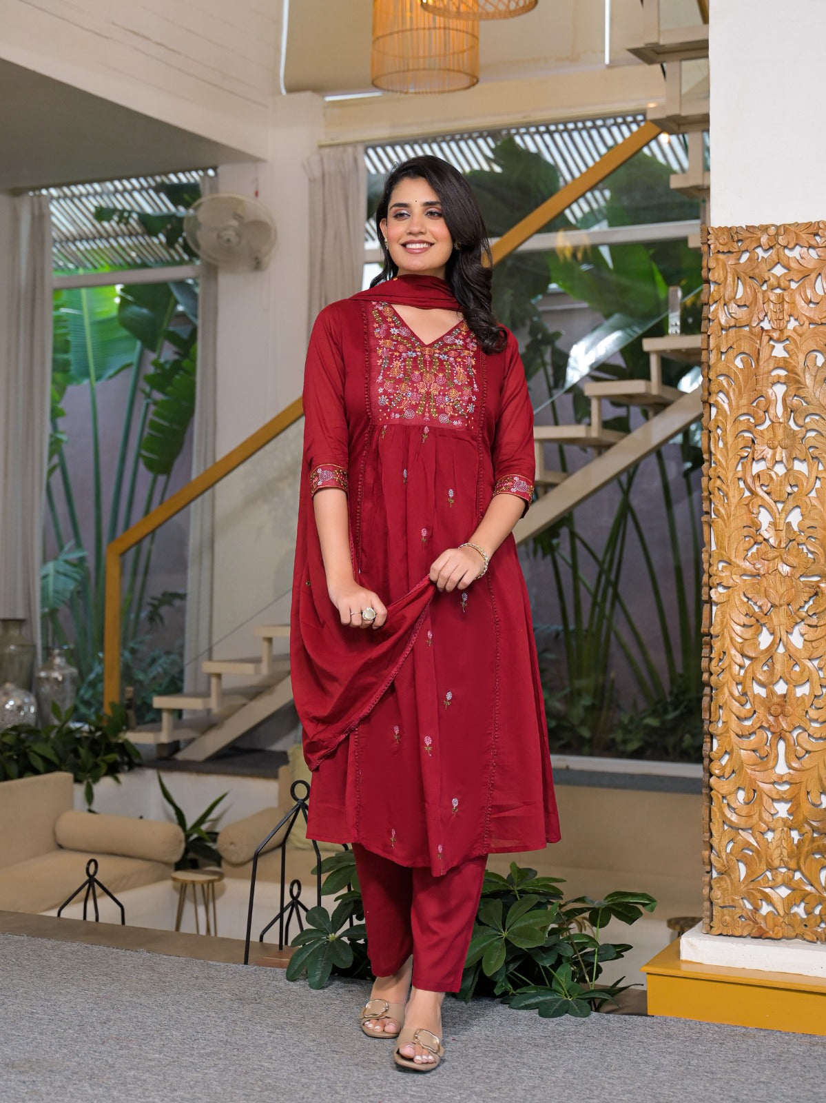 Pure Mull Cotton Maroon Red 3pc Set