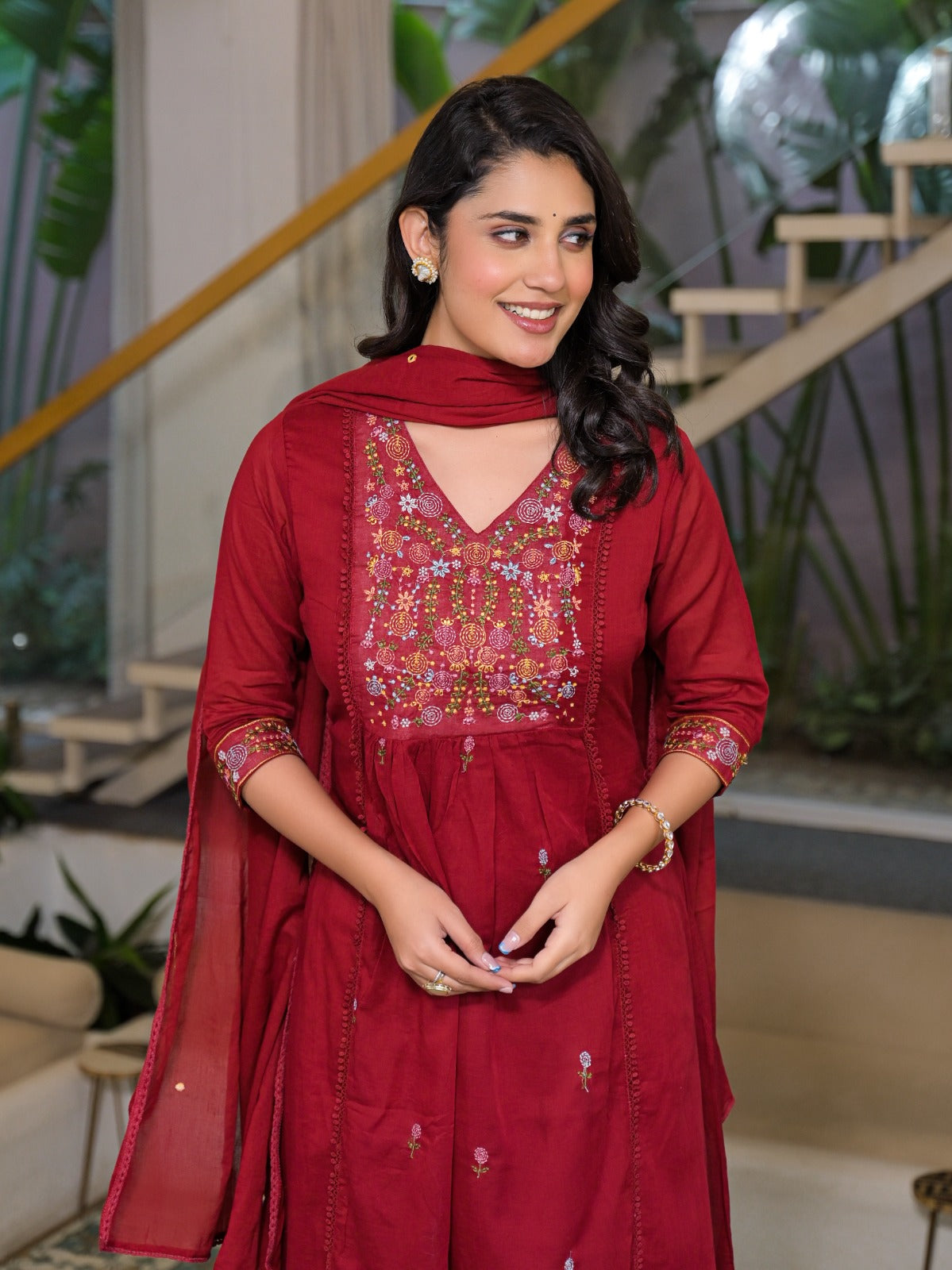 Pure Mull Cotton Maroon Red 3pc Set