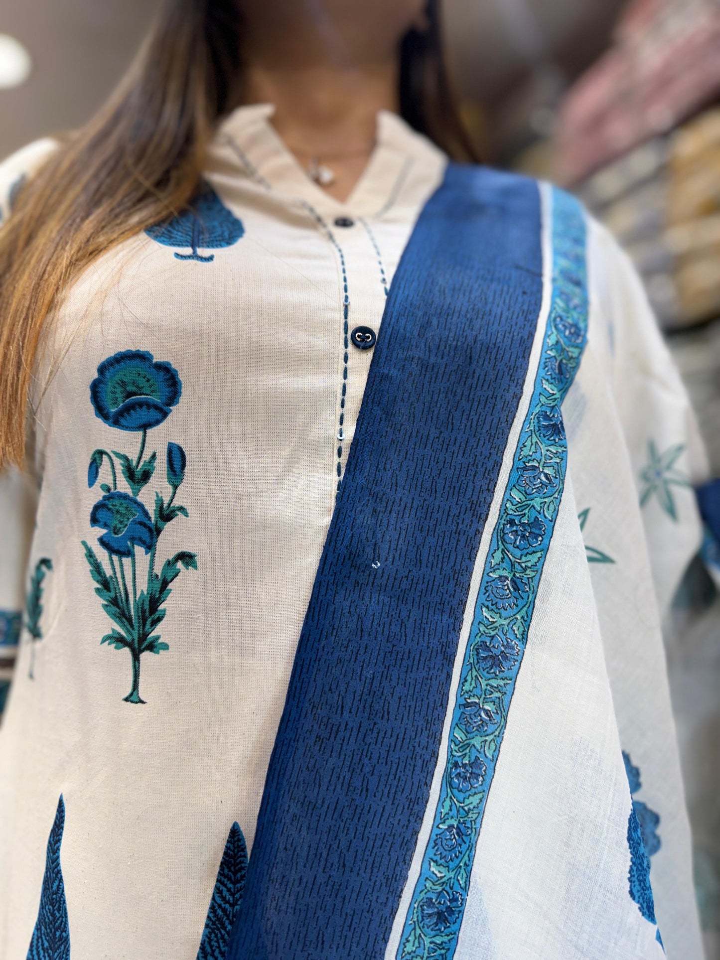 Pure Flex Cotton Off White And Blue 3pc Set