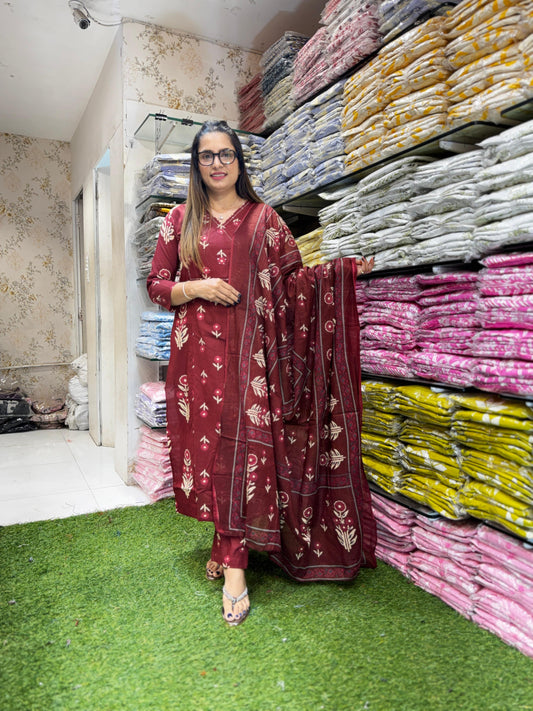 Pure Cotton Dark Maroon 3pc Set