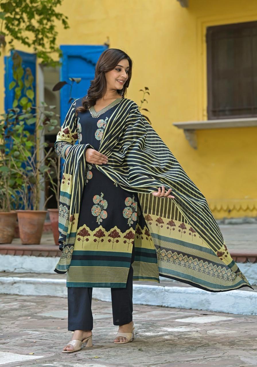 Pure Cotton Dark Navy Blue 3pc Set