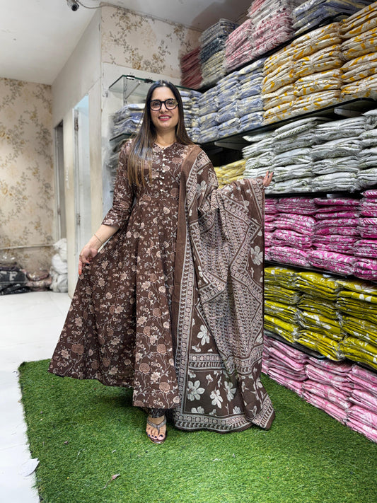 Pure Cotton Brown 24kali Anarkali 3pc Set