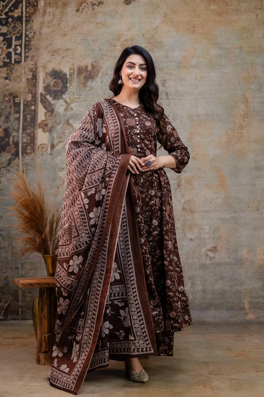 Pure Cotton Brown 24kali Anarkali 3pc Set