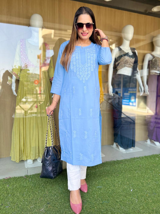 Pure Cotton Sky Blue One Piece Kurti