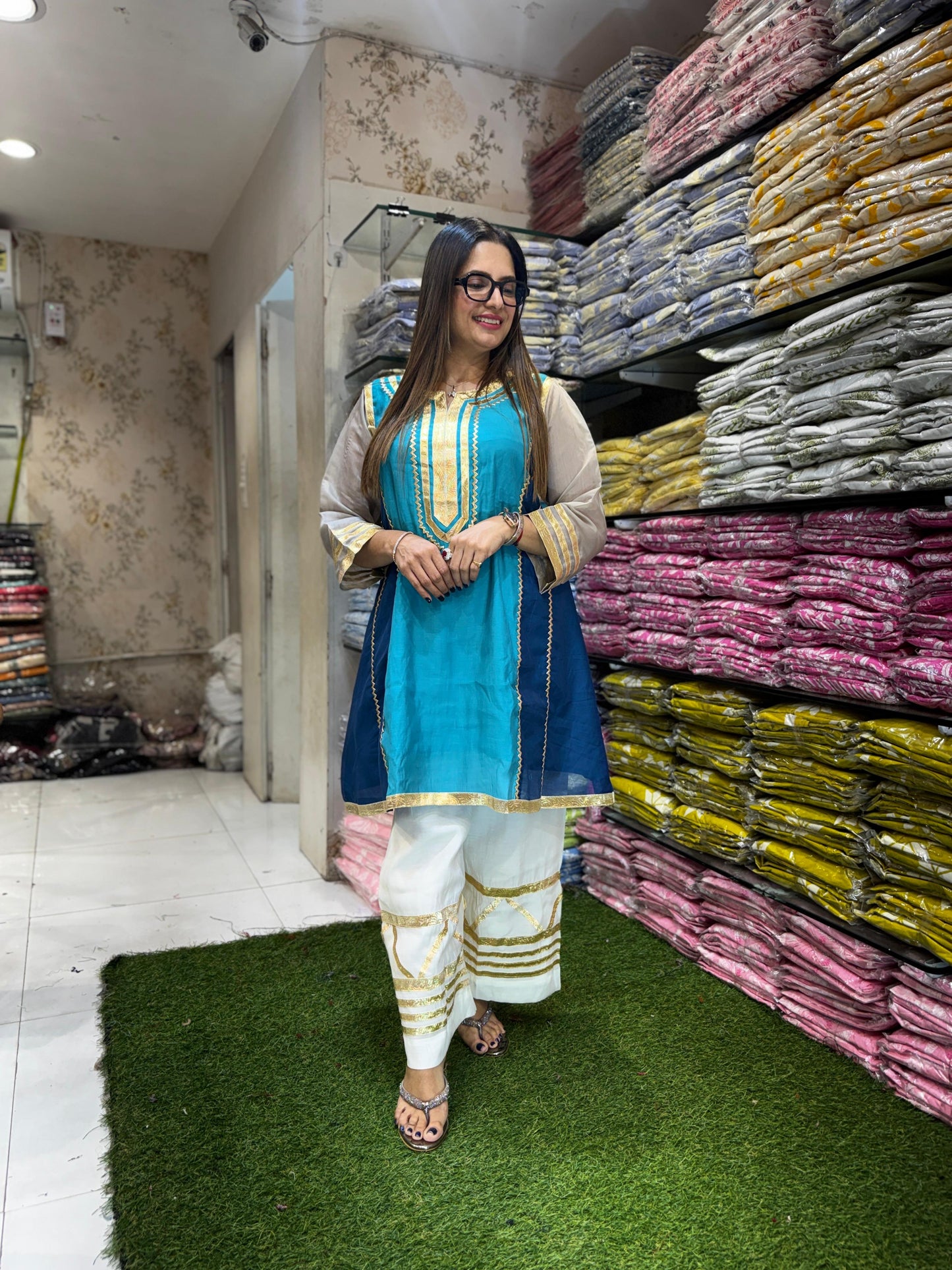 Pure Mull Chanderi Firozi 2pc Set