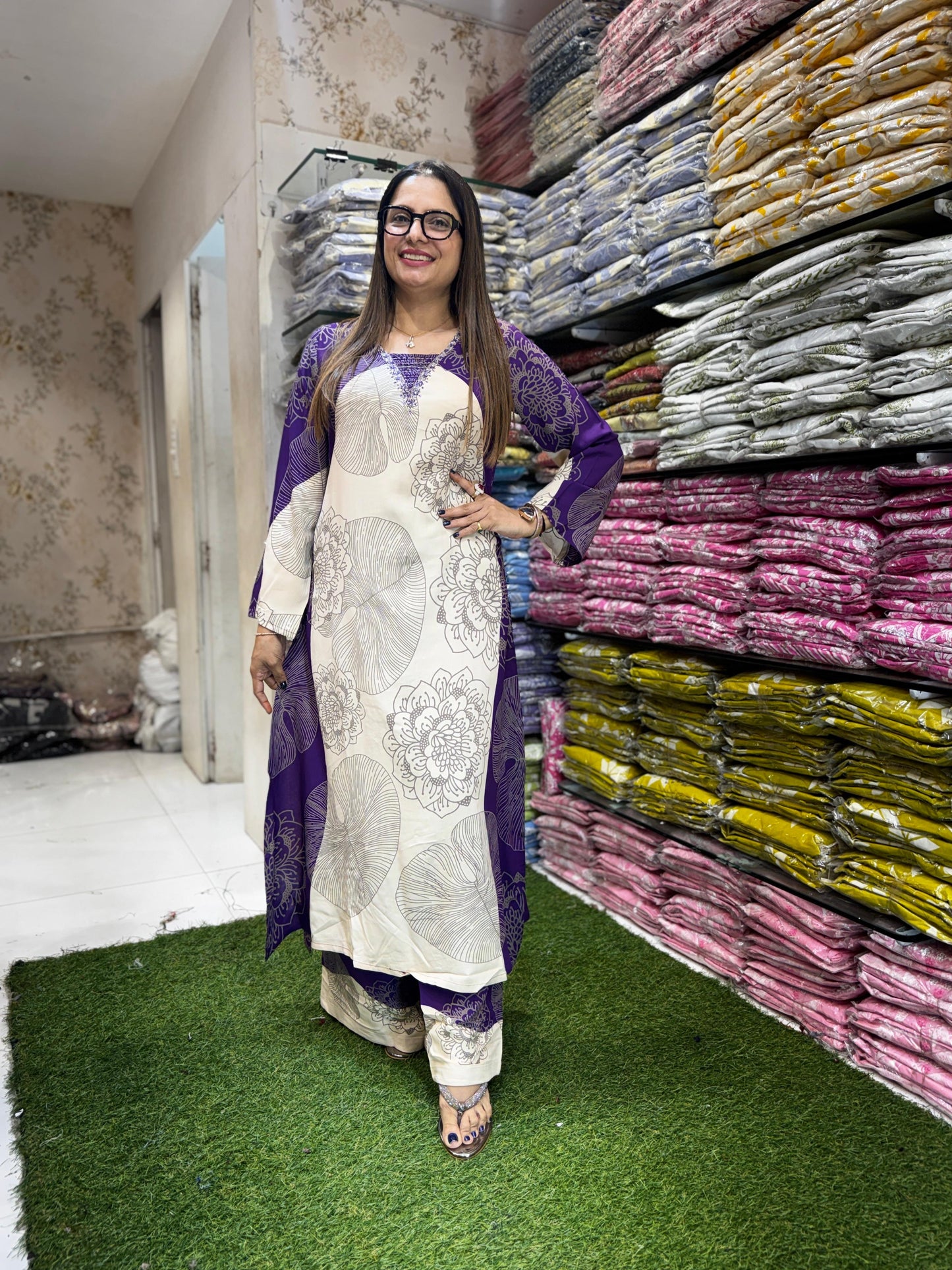 Pure German Rayon Off White And Purple 2pc Set