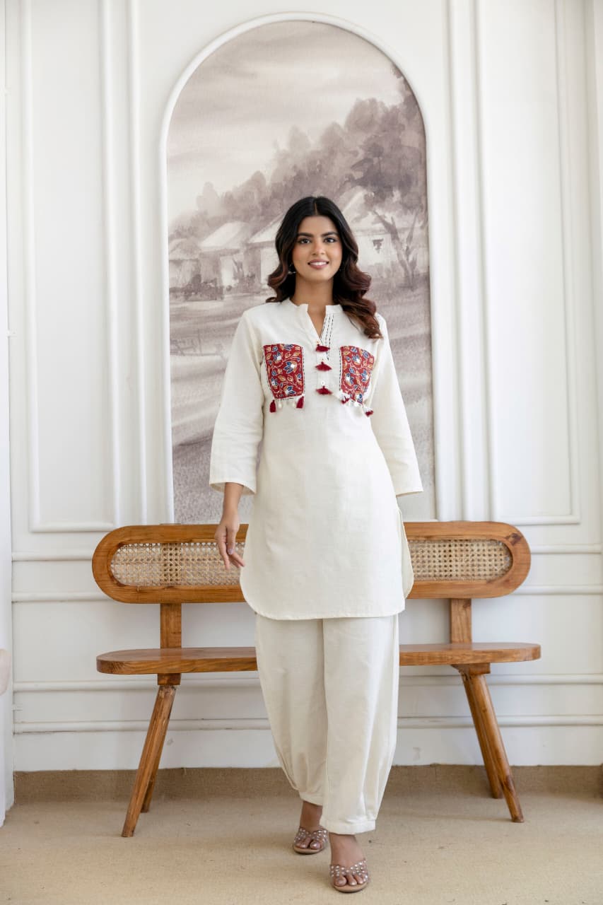 Pure Flex Cotton Off White And Maroon( Pathani Style) 2pc Set