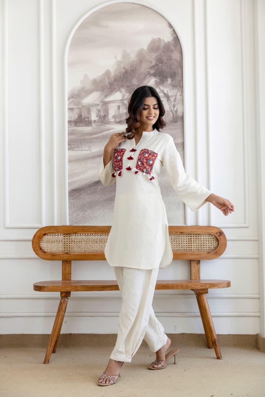 Pure Flex Cotton Off White And Maroon( Pathani Style) 2pc Set