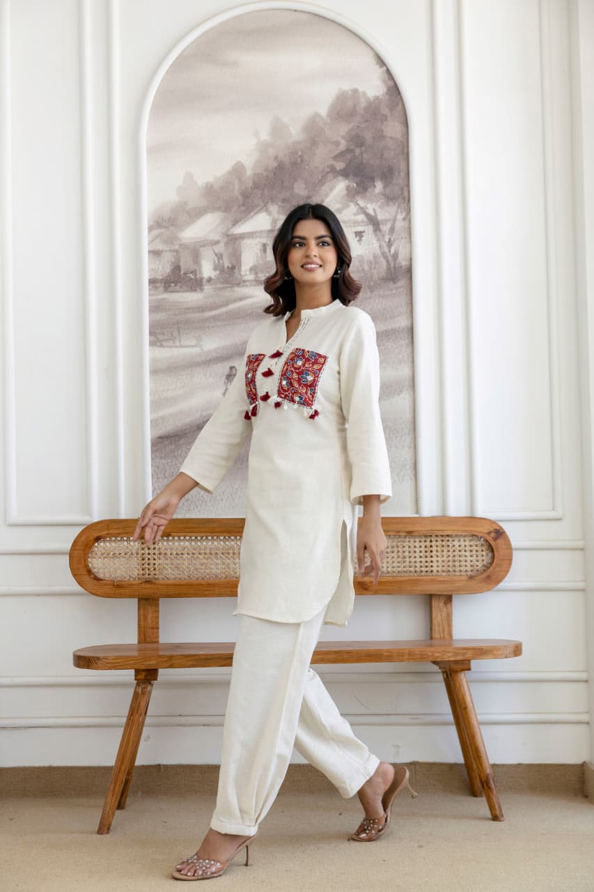 Pure Flex Cotton Off White And Maroon( Pathani Style) 2pc Set