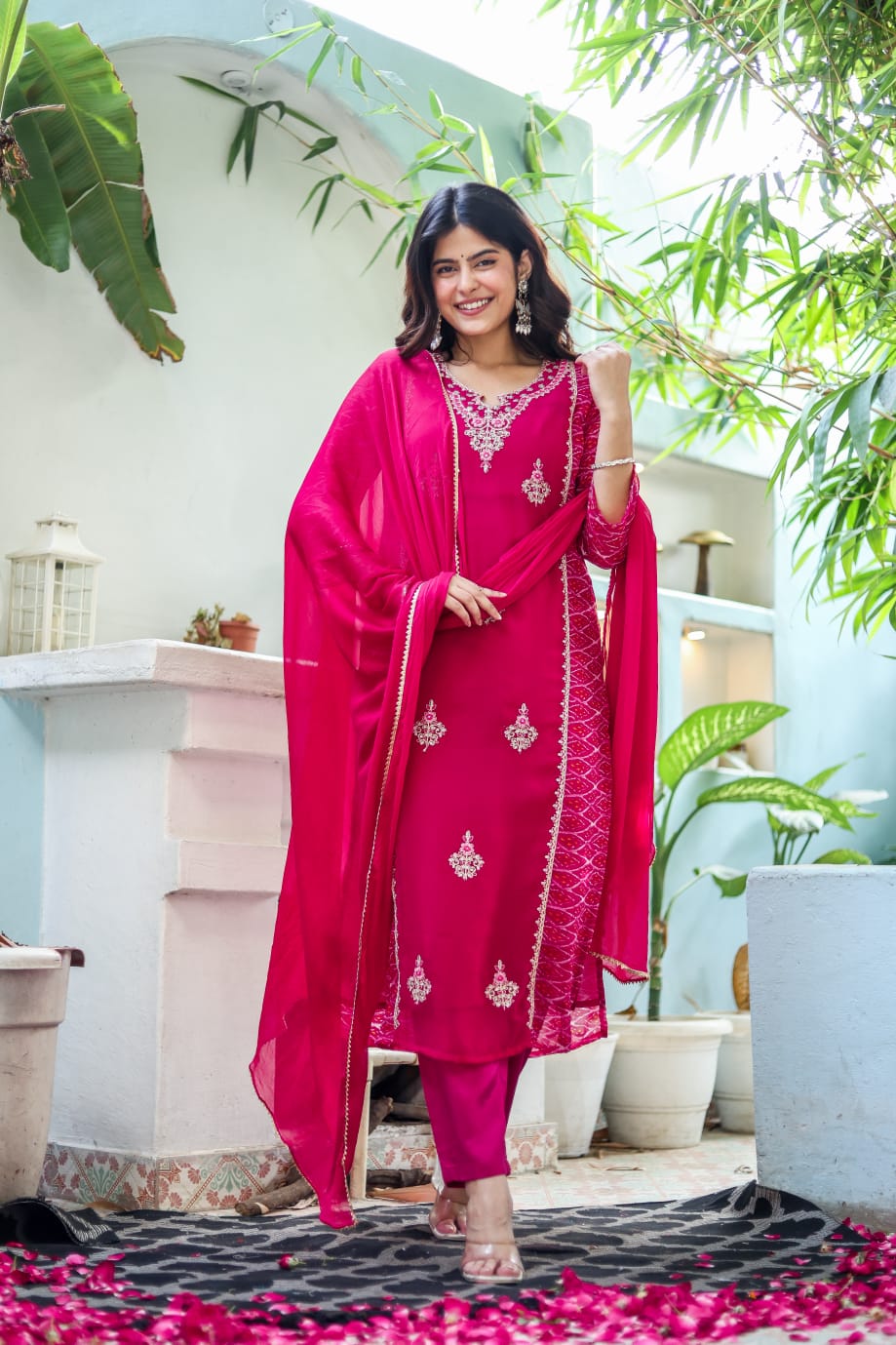 Pure Georgette Rani Pink 3pc Set